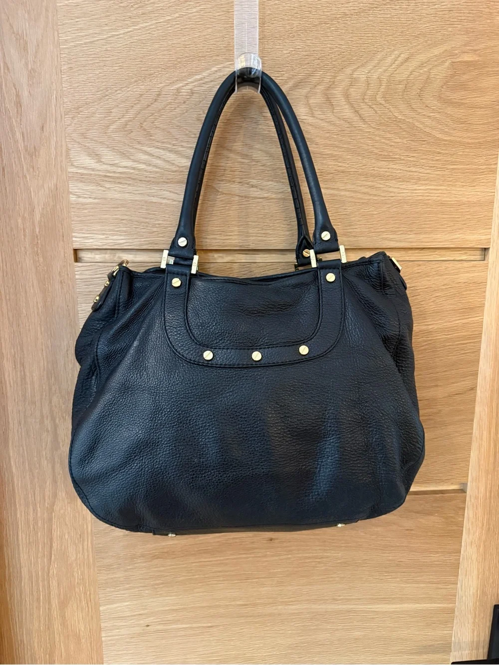 Tory Burch Amanda Hobo Bag Black Pebbled Leather Gold Logo Tote Handbag